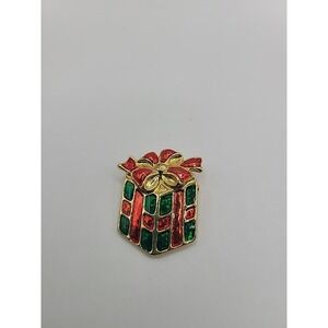 Signed AAI Christmas Present Brooch Red Green Enamel Holiday Gift Pin‎